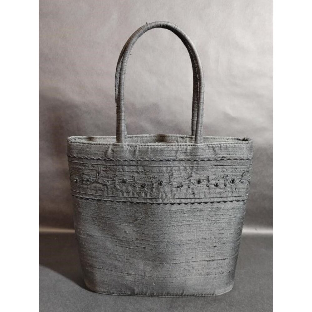 Ann Taylor Gray Silk Embroidered Handbag Tote With Dual Handles 9" Tall